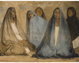 77 Francisco Zúñiga (1912-1998, Mexican) "Grupo de Mujeres Sentadas II," 1976 Lithograph in colors on wove paper Edition: Artist's Proof XI/XX (aside from the edition of 125) Signed, dated, and numbered "p.a. XI/XX" in pencil lower left: Zga; Kyron Press, Mexico City, Mexico, prntr. and pub., with their blindstamp lower right Image/Sheet: 25" H x 36" W Estimate: $800 - $1,200