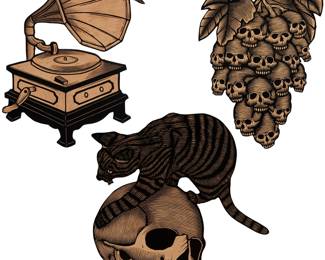 203 Fidel Solórzano (20th Century, Mexican) Hummingbird with phonograph, 2023; Skull grapes, 2023; Cat got your skull, 2023 Each carved and painted composite board Each from the edition of unknown size Each signed and dated in Sharpie verso: Solórzano; also annotated in gold Sharpie verso: For Wolfyrd Collection 3 pieces Largest: 23.75" H x 24" W (irreg.); Smallest: 20.25" x 12" W (irreg.) Estimate: $300 - $500