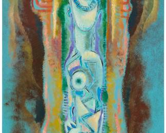 247 Byron Gálvez (1941-2009, Mexican) Abstract figural Mixed media on blue paper Signed lower right: Byron Image/Sheet: 23.5" H x 17.625" W Estimate: $500 - $700