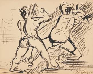 66 José Clemente Orozco (1883-1949, Mexican) Untitled (two figures) Ink on paper Signed lower right: J.C. Orozco; inscribed indistinctly in pencil, verso Sheet: 9.875" H x 13.5" W Estimate: $2,000 - $3,000