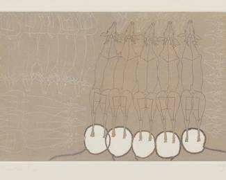 140 Francisco Toledo (1940-2019, Mexican) "Venados," one plate from the "Chilam Balam" portfolio, 1975 Etching and aquatint in brown on BFK Rives paper Edition: J (from one of the lettered sets, apart from the numbered edition of 50) Signed and inscribed "J" in pencil in the lower margin; with an unidentified blindstamp near the lower left margin corner Plate: 8" H x 12.5" W; Sheet: 29.75" H x 22.25" W Estimate: $700 - $900