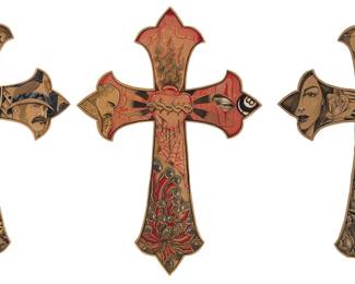202 Israel Ruiz (21st Century, Hispanic) Three acrylic and gouache on board crosses, 2023 Each signed and dated; two inscribed and dated verso: Wolfryd Collection Comprising one with Raiders and lowrider imagery, one depicting Virgin Mary motifs, and another with a sacred heart at center 3 pieces Each: 22.5" H x 15.5" W Estimate: $400 - $600