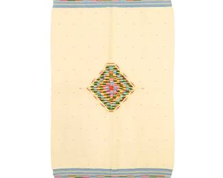 40 A Mexican Post-Maximilian sarape Circa 1875-1885 Woven in fine cream wool with an elaborate multicolored aggregate-style central diamond, scattered green ticking to the central field, and blue and multicolored striped banding to each end, with elaborate knotted fringing 77" H x 43.5" W approximately Estimate: $800 - $1,200