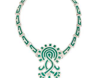 280 A Mexican silver chip inlay necklace Late 20th century or later Stamped: Mexico / TO-01 / 925 A collar necklace with graduated links of chipped green stone channel inlay suspending a central stylized floral pendant with stylized blossom dangle 18.5" L x 4.25" H 112.5 grams gross Estimate: $500 - $700