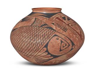 55 Porfirio "Pilo" Mora (b. 1961, Mata Ortiz) A polychrome pottery jar, 1981 Incised signature and date to underside: PILO MORA / 1/30/81 With red and black fish and geometric motifs on a marbled red/cream slip ground 6" H x 7.5" Dia. Estimate: $100 - $200