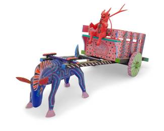 237 A Mexican polychrome wood alebrije figural group Late 20th/early 21st century; Oaxaca, Mexico Twice signed and inscribed: Francisco Sosa Ojeda / San Martin Tilcajete / Mexico The vibrantly painted folk art spirit figures, comprising a donkey pulling a car and a devil figure riding Assembled: dimensions variable: 14" H x 28.5" L x 11.5" D; Donkey: 8.25" H x 12" W x 6.5" D Estimate: $200 - $400
