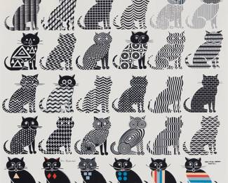 176 Pedro Friedeberg (1936-2026, Mexican) "Cats of All Nations: Unite!" (Gatos), 2000 Giclée in colors on paper in artist's frame Edition: 27/120 Signed and numbered in pencil along the lower margin: Pedro Friedeberg; with an unidentified blindstamp in the lower margin, at left Sight: 20" H x 20" W Estimate: $600 - $800