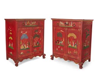 104 A pair of Mexican Olinalá folk art painted cabinets 20th century Each signed to front: Corona; one inscribed: Cita Ramelli; another inscribed, possibly reading: Idita Ramelli The red lacquered cabinets, each painted to exterior and interior with scenes of figures, donkeys hauling fruit and birds, and flowers, and other flora and fauna, featuring a single drawer with iron ring pulls above two locking cabinet doors revealing two shelves to each side, above a shaped apron 2 pieces Each: 45.75" H x 39.5" W x 22.75" D Estimate: $3,000 - $5,000