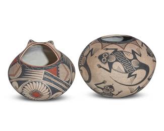 60 Roberto Bañuelos (b. 20th century, Mata Ortiz) Two polychrome pottery jars, late 20th century Each incised: Roberto Bañuelos Each red and black on red speckled cream slip ground, comprising one effigy jar with frog mouth opening and sculpted eyes, and a jar decorated with lizard motifs 2 pieces Frog: 6" H x 7" Dia.; Lizard: 6.25" H x 8" Dia. Estimate: $400 - $600