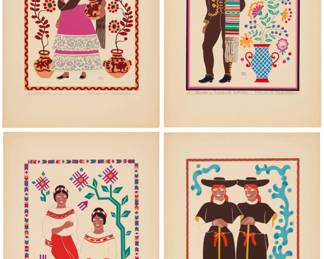 148 Carlos Mérida (1891-1984, Guatemalan) "Trajes Regionales Mexicanos" portfolio, 1945 Edition: 57/1000 The complete set of 25 screenprints in colors on wove paper, together with the justification page signed and numbered in ink: Carlos Merida / no. 57; each of the screenprints with the artist's name, plate number, and individual title printed as part of the image; together with the title pages, list of plates, and introductory text staple-bound as issued; the 25 plates loose, as issued; all contained within the original beige cloth-covered portfolio boards/wrapper with printed design, title, and publisher on the front; Editorial Atlante, Mexico City, Mexico, pub. Image of each:12.5" H x 9.25" W.; Sheet of each: 17.5" H x 12.75" W Estimate: $1,000 - $2,000