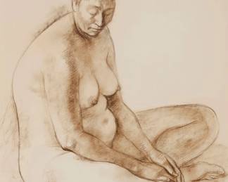 25 Francisco Zúñiga (1912-1998, Mexican) "Desnudo Sentado," 1970 Sepia conte crayon on white paper Signed and dated lower left: Zga / 1970; titled, dated, and inscribed in pencil, all verso: "Pastel sepia / #144" Image/Sheet: 25.5" H x 19.625" W Estimate: $2,000 - $3,000