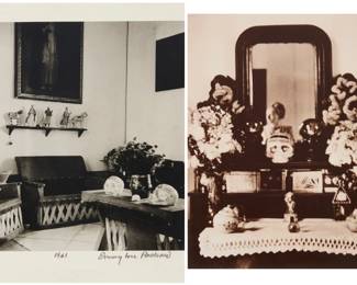 189 Emmy Lou Packard (1914-1998, American) Two works:  "Frida and Diego's Living Room in Coyocan," 1941 Gelatin silver print on paper Edition: 15/20 Signed, dated, and numbered in pencil in the lower margin: Emmy Lou Packard / 1941 Image: 7.625" H x 7.5" W (approx.); sight: 9.375" H x 7.5" W  "Frida's Dresser (I am Reflected in the Mirror)," 1941 Gelatin silver print on paper From the edition of unknown size Appears unsigned Sight: 9.25" H x 7.25" W Estimate: $700 - $900