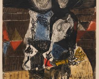159 José Ortega (1921-1990, Spanish) "Harvesters," 1966 Etching and aquatint in colors on cream wove paper Edition: 76/100 Signed and numbered in pencil in the lower margin: Ortega Plate: 25.375" H x 19.5" W; Sight: 26.75" H x 20.75" W Estimate: $300 - $500