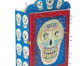 198 Juan Mariano Testera (20th/21st Century, Mexican) "Dia de Muertos" folk art nicho cabinet, 1993 Signed, titled, and dated, with gift inscription: Para Ricardo y Ana / 2 de noviembre / JM TESTERA / OAX 93 The painted wood cabinet decorated with milagros, marbles, iron nails, and mixed media, the cabinet door opening to reveal a mirror verso and interior with six nichos 32" H x 24.75" W x 12.25" D Estimate: $600 - $800