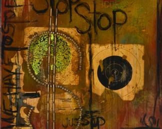 185 Mati Russo (Active 21st Century, American) Untitled (We Have to Stop), 2012 Acrylic and mixed media collage including bullets on canvas Signed and dated lower left: M Russo 12 48" H x 30" W Estimate: $400 - $600