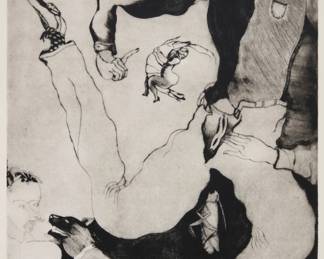 135 Francisco Toledo (1940-2019, Mexican) "Auto Accident," circa 1968-71 Drypoint, etching and roulette in black ink on paper An artist's proof, aside from the edition of 20 Signed and inscribed "Prueba de artista" in pencil in the lower margin: Toledo; titled and dated on a typed gallery label affixed to the frame's backing board Plate: 25" H x 19.375" W; Sight: 26.375" H x 20.375" W Estimate: $2,500 - $3,500