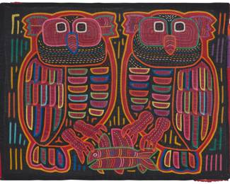 229 Two Panamanian Guna mola textiles Late 20th century; Guna Yala, San Blas Islands, Panama Comprising two vibrantly embroidered fabric panels with multilayered appliqué elements, one mola depicting a pair of owls with a fish, and the other mola depicting two swimming fish, each framed 2 pieces Sight: Owls: 14" H x 18.25" W; Fish: 14.25" H x 16.75" W Estimate: $200 - $400