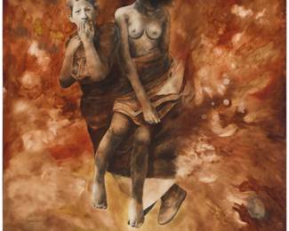 132 Hugo Crosthwaite (b. 1971, Mexican) "Asunción," 1998 Oil, charcoal, and pencil on panel Signed and dated lower left: H. Crosthwaite / 1998; signed and dated again, and titled, verso 48" H x 48" W Estimate: $1,500 - $2,500