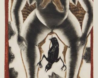 141 Francisco Toledo (1940-2019, Mexican) "La Mujer Preñada" from the "Sahagun" portfolio, 1974 Etching in colors on wove paper An artist's proof, aside from the edition of 100 Signed and inscribed in pencil in the lower margin: Toledo / P.A.; inscribed in pencil verso: AGV 60; Mario Reyes and Litoarte, Mexico City, Mexico, prntr.; Avril Grafica, Mexico City, Mexico, pub. Plate: 5.75" H x 5.75" W; Sheet: 11.125" H x 15" W Estimate: $500 - $700