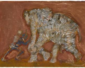 48 Francisco Toledo (1940-2019, Mexican) "Skeleton Pushing Elephant," 2011 Unique oil and watercolor with laser-cut collage on wove papers Edition: 6/9 Signed and numbered in pencil lower right: Toledo; Fomento Cultural Banamex, Mexico City, Mexico, pub. Image/Sheet: 15.25" H x 22.25" W Estimate: $6,000 - $8,000