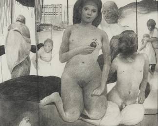 134 Hugo Crosthwaite (b. 1971, Mexican) Untitled, a woman holding fruit surrounded by figures, 2003 Graphite on paper Signed and dated lower right: H. Crosthwaite '03 Sight: 10" H x 8.125" W Estimate: $800 - $1,200