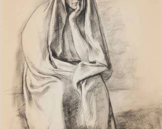 26 Francisco Zúñiga (1912-1998, Mexican) "Mujer con Rebozo," 1970 Charcoal on paper Signed and dated lower right: Zga / 1970 Image/Sheet: 25.75" H x 19.75" W Estimate: $1,000 - $1,500