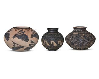 144 Three Latin American pottery jars Three works:  Francisco Calero (b. 20th century, Nicaraguan) A sgraffito pottery olla, late 20th century Incised to underside: HAND MADE BY NICOYA / FRANCISCO CALERO / NICARAGUA With black and cream bands of geometric, stepped, and swirling motifs 4.625" H x 4.5" Dia.  Juan Carlos Rodriguez (b. 20th century, Mata Ortiz) A sgraffito pottery olla, late 20th century Incised to underside: Juan C. / K Rodriguez With black carved to cream bands of geometric motifs and three bird figures 4.625" x 6.125" Dia.  Roberto Bañuelos (b. 20th century, Mata Ortiz) A polychrome pottery jar, late 20th century Incised to underside: Roberto Bañuelos With red and black repeated rabbit design 4.875" H x 6.75" Dia.  3 pieces Estimate: $300 - $500