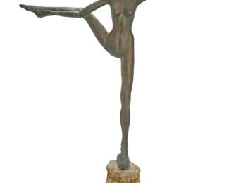 129 Victor Salmones (1937-1989, Mexican) Girl Dancing Verdigris patinated bronze on subterranean concrete base Edition: 2/10 Signed and numbered in the casting: VICTOR SALMONES Bronze: 69.75" H x 54.5" W x 9" D; Overall: 88" H x 54.5" W x 15.75" D Estimate: $2,000 - $3,000