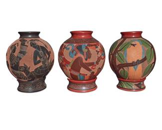96 Roger Calero (b. 1969, Nicaraguan) Three sgraffito pottery ollas, late 20th/early 21st century Two with incised signature and inscription: Handmade in Nicaragua / Roger Calero Each olla raised on a bespoke conforming pottery ring, two depicting figures and mythical beasts, one depicting parrots in a tree 3 pieces Each: 9.375" H x 8.5" Dia.; Each ring: 2.125" H x 5.625" Dia.; Each overall: 10.875" H Estimate: $300 - $500