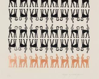 168 Pedro Friedeberg (1936-2026, Mexican) "Monos musicales de día" ("Musical Monkeys by Day") Screenprint in colors on paper in artist's frame Edition: 61/86 Signed and numbered in pencil in the lower margin: Pedro Friedeberg Sight: 29.5" H x 26.25" W Estimate: $600 - $800