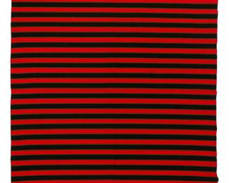 105 A Mexican banded sarape Mid/late 20th century Woven in wool with a red ground and black and green striped banding, with cotton/linen knotted fringing 93.25" H x 54.75" W approximately (excluding fringe) Estimate: $500 - $700