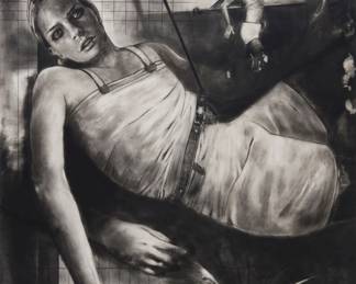 133 Hugo Crosthwaite (b. 1971, Mexican) "Mujer Columpiándose," 1998 Graphite on glossy paper mounted to paper Signed and dated lower left: H. Crosthwaite. 1998; signed and dated again, and titled on the frame's backing board, presumably in the hand of the artist Sight: 22.75" H x 17.875" W; Mount: 25.75" H x 19.75" D Estimate: $1,000 - $2,000