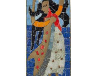 200 Salvador Terán (1920-1974, Mexican) A mosaic glass and brass box, mid-20th century Impressed to underside: SALVADOR / HECHO EN MEXICO / HANDWROUGHT / 428 Depicting a maiden hoisting a star 1.5" H x 10.25" W x 4.25" D Estimate: $200 - $300