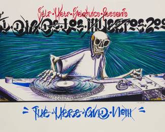 211 Charles "Chaz" Bojorquez (b. 1949, American); and Omar Ramirez (20th/21st Century, American) "El Dia de Los Muertos 2001: The Here and Now," 2001 Screenprint in colors on paper Edition 73/80 Signed by each artist, dated, and numbered in pencil in the blank below the main image: Omar Ramirez / Chaz Bojorquez; Self Help Graphics, Los Angeles, CA, pub., with their blindstamp near the lower left margin corner Image: 22" H x 35.5" W; Sight: 25.125" H x 37.25" W Estimate: $200 - $400