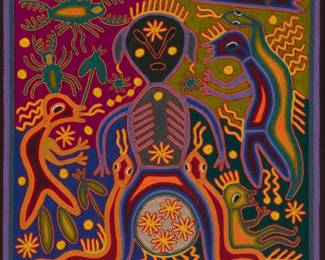231 Rodolfo Diaz (b. 20th century, Huichol/Wixárika) Late 20th century, Mexico With inscription in ink verso, denoting artist and subject A Wixárika (Huichol) yarn painting worked in bright polychrome yarn depicting a traditional healing ritual with multiple spiritual figures, animals, plants and symbols, framed under glass Sight: 15.625" H x 15.5" W Estimate: $300 - $500