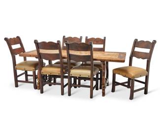22 A Spanish Baroque-style fratino table and six side chairs 18th century and early 21st century Repurposed as a dining table, supported by lyre-form legs and feet joined by wrought-iron curvilinear X-form stretchers, married with six contemporary Spanish Colonial-style side chairs with leather seat cushion upholstery with tacking 7 pieces Table: 30.25" H x 83.25" W x 33.75" D; Each chair: 42.75" H x 22" W x 26.25" D Estimate: $1,200 - $1,800