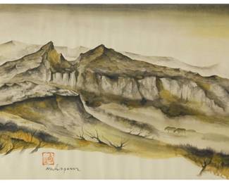 131 Luis Nishizawa Flores (1918-2014, Mexican) Landscape with mountains and cows Watercolor on paper Signed and with the artist's seal lower left: Nishizawa Sheet: 15" H x 23.375" W Estimate: $2,000 - $3,000