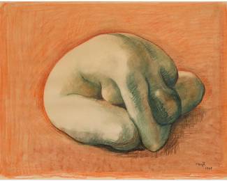 23 Francisco Zúñiga (1912-1998, Mexican) "Desnudo de Silvia" or "Portada," 1968 Crayon, pastel, and graphite on paper Signed and dated lower right: Zuniga; titled and dated on a typewritten gallery label affixed to the frame's verso 19.75" H x 25.75" W Estimate: $4,000 - $6,000