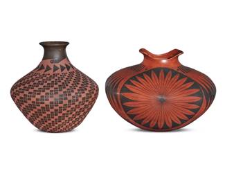 63 Two Mata Ortiz pottery jars Two works:  Elsa Ledezma & Jorge Ponce (b. 20th century) A black on red pottery jar, late 20th century Incised to underside: ELSA LEDEZMA / Jorge Ponce With shaped rim above black alternating floral medallions and bands of feathers on red slip ground 5.625" H x 7.5" Dia.  Efrain Lucero Jr. (b. 20th century) A red on black pottery olla, late 20th century Incised to underside: Efrain Lucero J With negative red swirling checker design on black burnished ground 6.375" H x 5.875" Dia.  2 pieces Estimate: $100 - $200