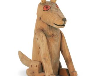 220 Attributed to Manuel Jiménez Ramírez (1919-2005, Mexican) A polychrome carved copal wood dog alebrije, mid/late 20th century; Oaxaca, Mexico Unmarked 7.375" H x 6.75" W x 3" D Estimate: $300 - $500