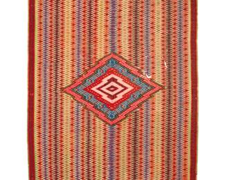 30 A Mexican Late Classic Saltillo sarape Circa 1840-1860 Woven in wool in two panels seamed down the middle, with multicolored vertical serrated columns and a concentric-style diamond to center, with narrow meandering and curvilinear border motifs 82.5" H x 53" W approximately Estimate: $4,000 - $6,000
