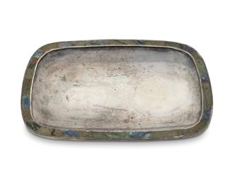 270 A Los Castillo silver-plated tray Mid-20th century; Taxco, Mexico Impressed to underside: LOS CASTILLO TAXCO / PLATEADO / TA-01 / HECHO EN MEXICO / 108 With hardstone inlaid rim 0.875" H x 11" W x 7.75" D Estimate: $300 - $500