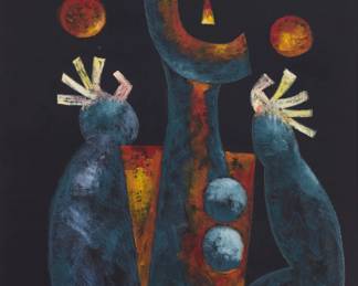 223 Byron Gálvez (1941-2009, Mexican) Figure juggling Mixed media on black paper Signed in white pencil lower right: Byron 25.75" H x 19.75" W Estimate: $600 - $800