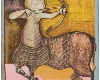 160 Graciela Rodo Boulanger (b. 1935, Bolivian) "Sagittarius" from the "Zodiac" series Lithograph in colors on wove paper Edition: 186/200 Signed and numbered in pencil at the lower right and left corners, respectively: G. Rodo Boulanger; alternatively titled "Archer" Image/Sheet: 29.625" H x 21.875" W Estimate: $400 - $600
