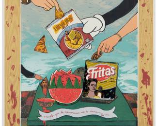209 Enrique Chagoya (b.1953, Mexican) "What Appropriation Has Given Me (Fritas y Dieguitos) / Lo Qué Apropriación Me ha Dado, del Mas Allá," 1992 Screenprint in colors on paper From the edition of 100 Signed, dated, and numbered in pencil with an ink stamp by the artist, all in the lower margin: Enrique Chagoya '92 Image: 26.5" H x 21" W Estimate: $500 - $700