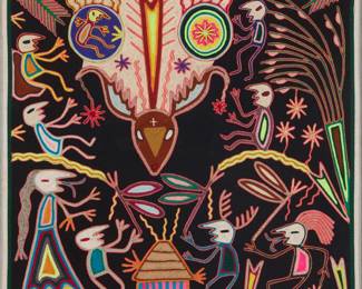 230 Martin de la Cruz Diaz (b. 20th century, Huichol/Wixárika) "The Spirit of the Deer", circa 1992 Signed and inscribed in ink verso A Wixárika (Huichol) yarn painting worked in polychrome yarn depicting multiple spiritual figures, animals, plants and symbols, adhered to plywood Sight: 23.25" H x 23.25" W Estimate: $500 - $700
