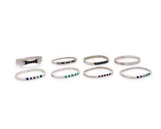 290 Eight Mexican silver and stone inlay bracelets Mid/late 20th century Each variously marked for Mexico; six marked for sterling A group of rectangular narrow silver bangles, each with hinged clasp, and each with various types of stone inlay including onyx, malachite, turquoise, and opal 8 pieces Largest: 7.25" inner C; Smallest: 6.75" inner C 228.5 grams gross Estimate: $200 - $400