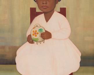 99 Gustavo Montoya (1905-2003, Mexican) "Niña con Cochinito" from the series "Niños Mexicanos," 1967 Oil on canvas Signed lower right: gustavo montoya 24" H x 18" W Estimate: $6,000 - $8,000