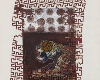 50 Francisco Toledo (1940-2019, Mexican) "Maquette for Jaguar Conservation," 2018 Mixed media collage with paint, mica mineral, and laser-cut paper on intervened photograph on paper Signed and inscribed in ink on the frame's backing board: F. Toledo / 2018 / "Para Bill / Oax"; titled by repute Sight: 10.5" H x 8" W Estimate: $2,000 - $3,000
