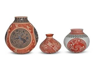 122 Three Mata Ortiz pottery ollas Three works:  Eduardo Quintana Rodriguez (b. 20th century) Each incised to underside: EDUARDO QUINTANA Ro Comprising one red cut to white depicting swirling parrot motifs below a black geometric collar, and another with red and black cut to cream depicting alternating hummingbirds and parrots 2 pieces Larger: 7.875" H x 6.625" Dia.; Smaller: 5.25" H x 5.5" Dia.  Carmen De Baca (b. 20th century) A white on red pottery olla, late 20th/early 21st century Incised to underside: CARMEN .F. DE BACA With checkered and geometric motifs throughout 4.25" H x 4.5" Dia.  3 pieces total Estimate: $200 - $400